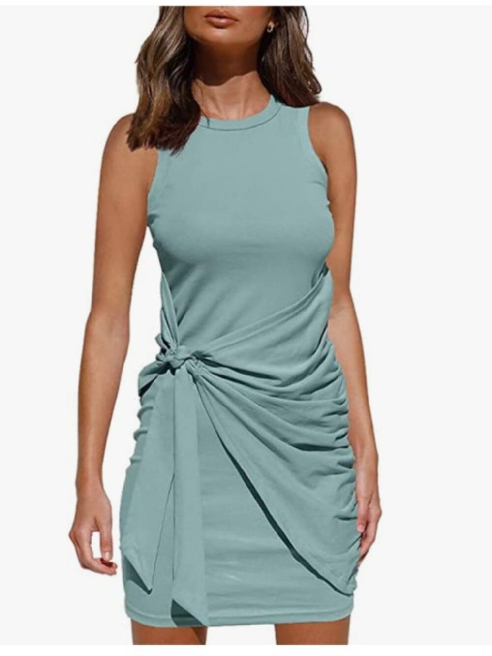 Sleeveless Side-Tie Ruched Mini Dress in Seafoam Green